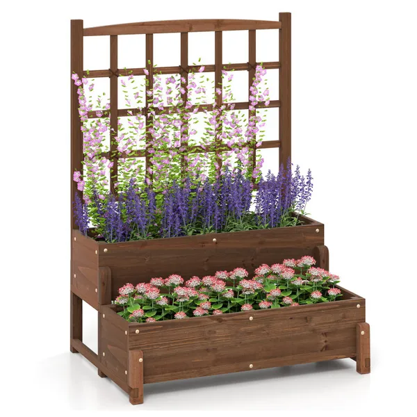 Raised Garden Bed with Trellis 2-tier Wood Planter Box