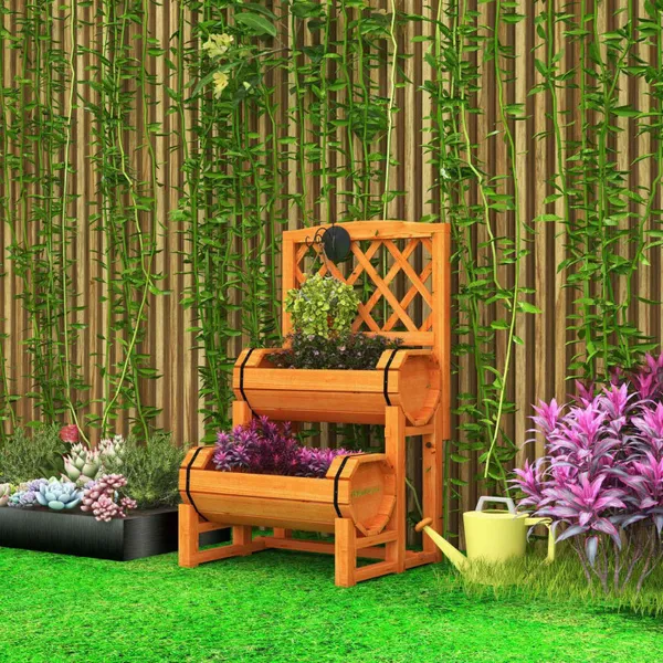 Wooden 2-Tier Raised Garden Bed with 2 Cylindrical Planter Boxes