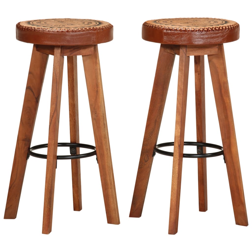 Bar Stools, 2 pcs. Genuine Leather and Solid Acacia Wood Brown