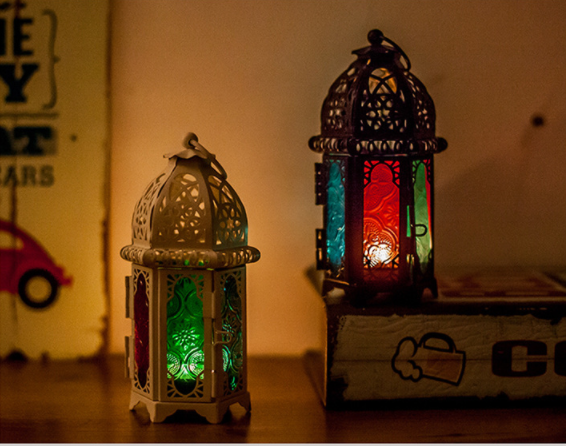 Hot Sale European Style Moroccan Glass Candle Holder Wrought Iron Wind Lamp Aromatherapy White